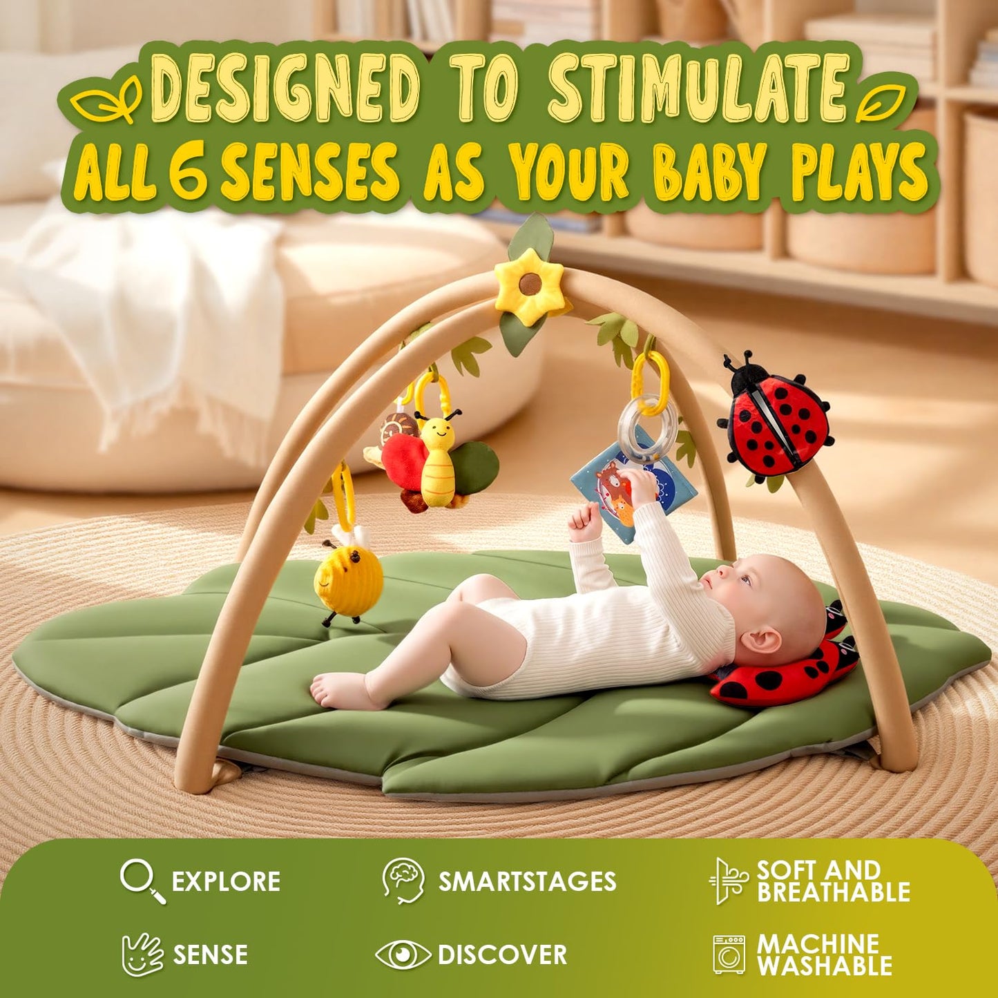 Leaf Tummy Time Baby Play Mat, Activity Gym w/7 Toys 0-18M Washable Oversize Infant Mat | Pure Cotton, Oversized & Comfy,Easy Assemble & Disassemble.Must-have for Newborn All-round Early Development