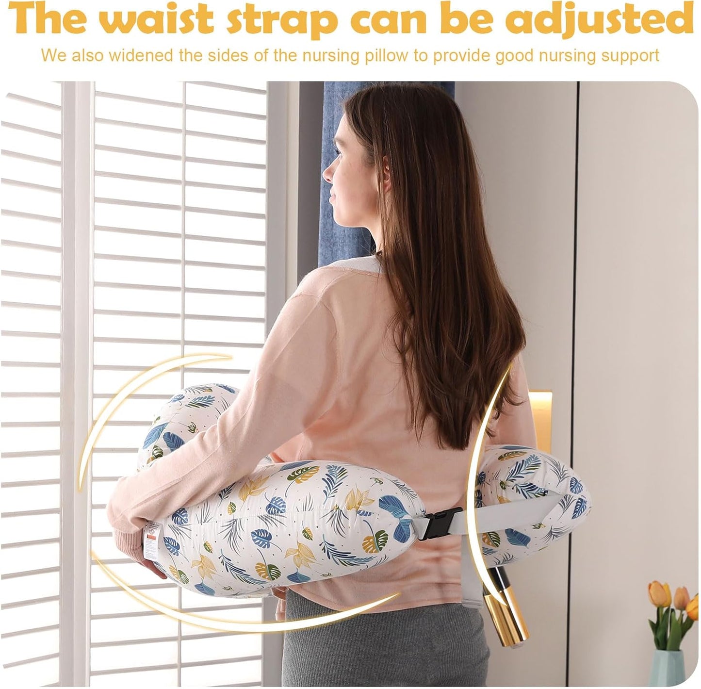 Labtec Nursing Pillow for Breastfeeding Baby, Multifunctional Breast Feeding Pillow with Adjustable Waist Strap and Safety Fence, 100% Cotton Removable Pillowcase, Leaf Pattern