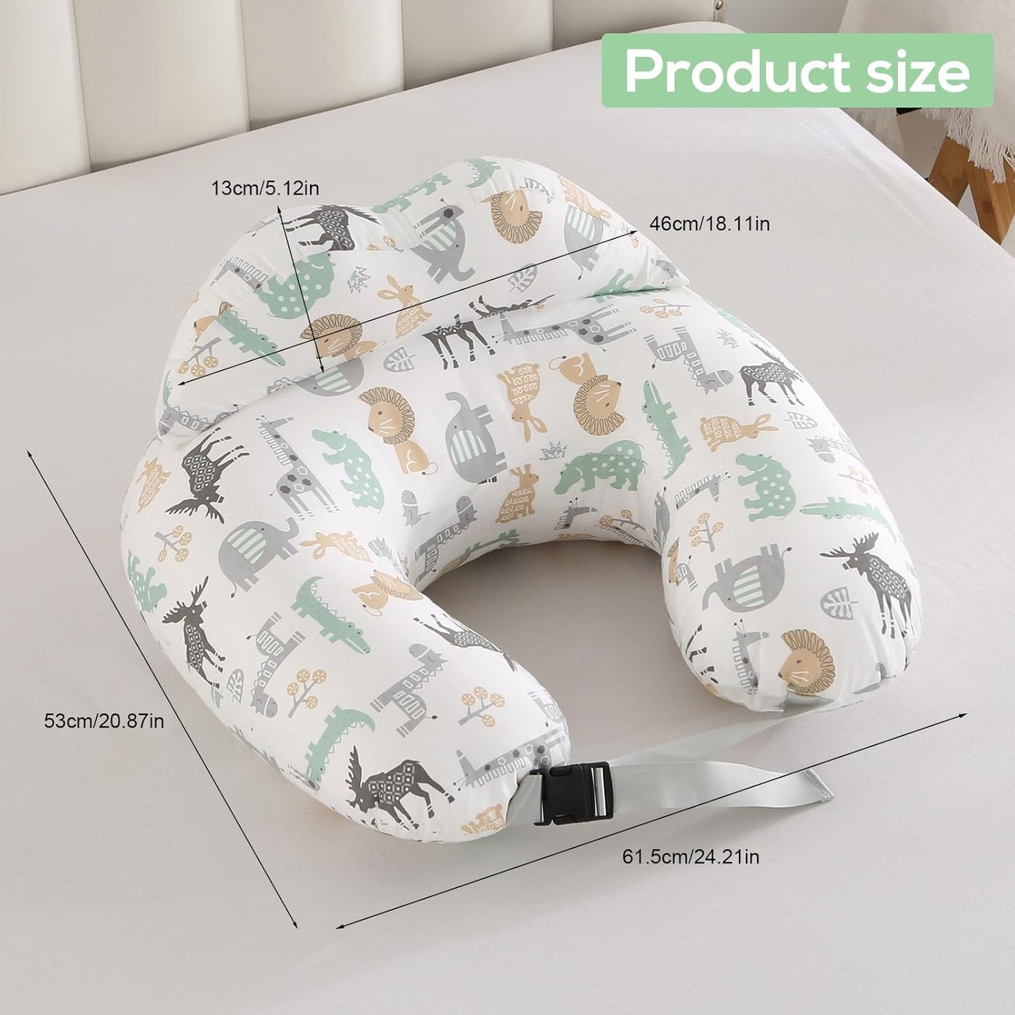 Labtec Nursing Pillow for Breastfeeding Baby, Multifunctional Breast Feeding Pillow with Adjustable Waist Strap and Safety Fence, 100% Cotton Removable Pillowcase, Animal Pattern