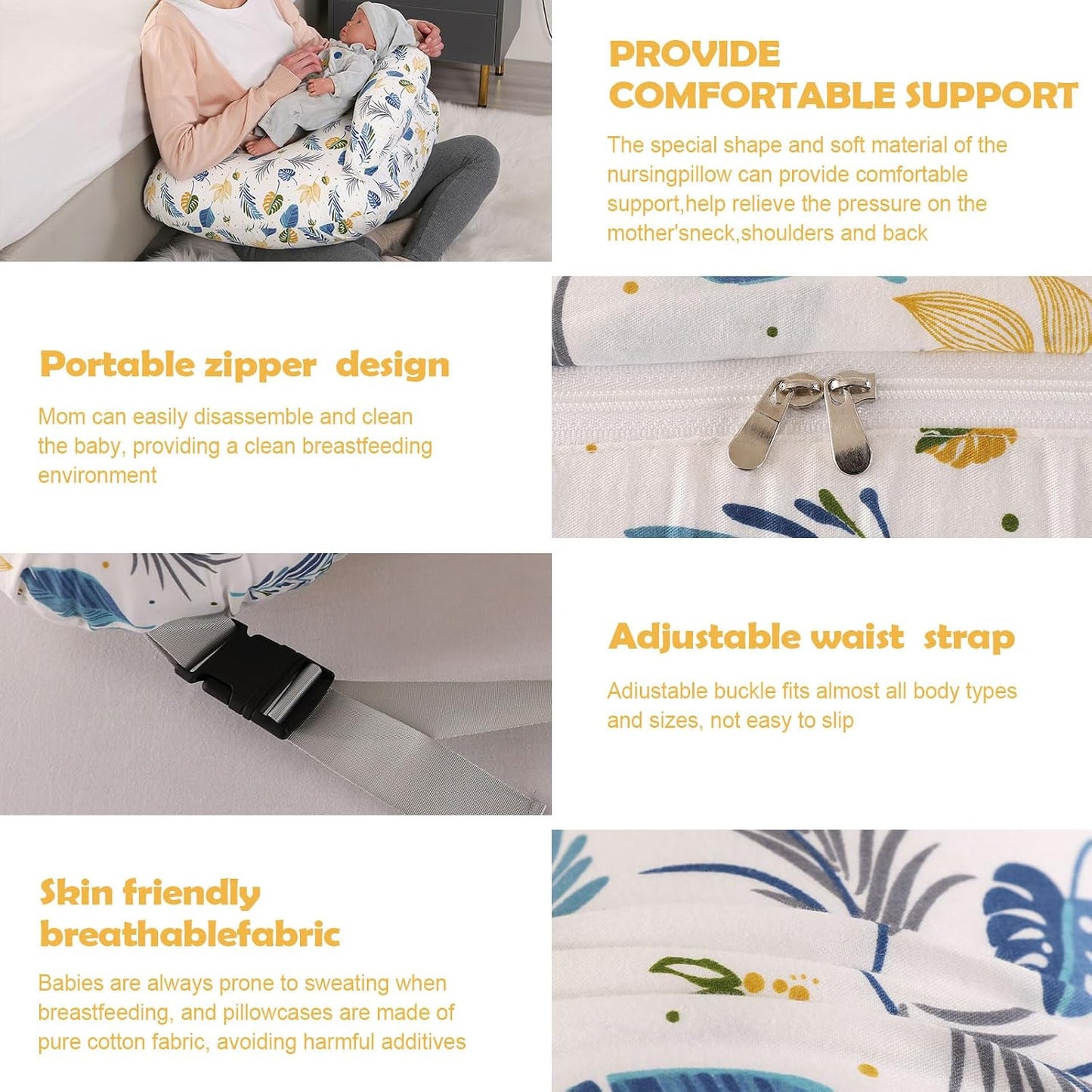 Labtec Nursing Pillow for Breastfeeding Baby, Multifunctional Breast Feeding Pillow with Adjustable Waist Strap and Safety Fence, 100% Cotton Removable Pillowcase, Leaf Pattern