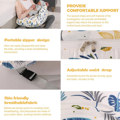 Labtec Nursing Pillow for Breastfeeding Baby, Multifunctional Breast Feeding Pillow with Adjustable Waist Strap and Safety Fence, 100% Cotton Removable Pillowcase, Leaf Pattern