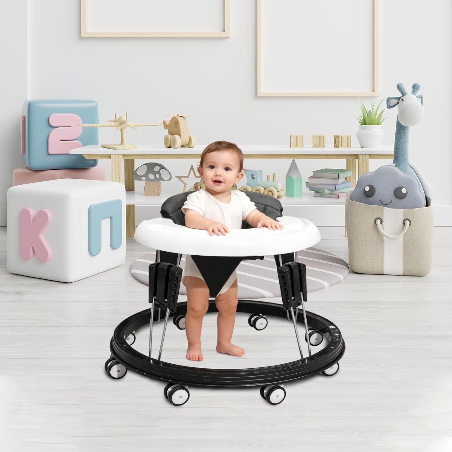 Alivio Foldable Baby Walker with 9-Level Height Adjustment, Wide Base Design, 360° Protection, Easy Folding & Storage Activity Walker for Babies 6-18 Months (Black & White)