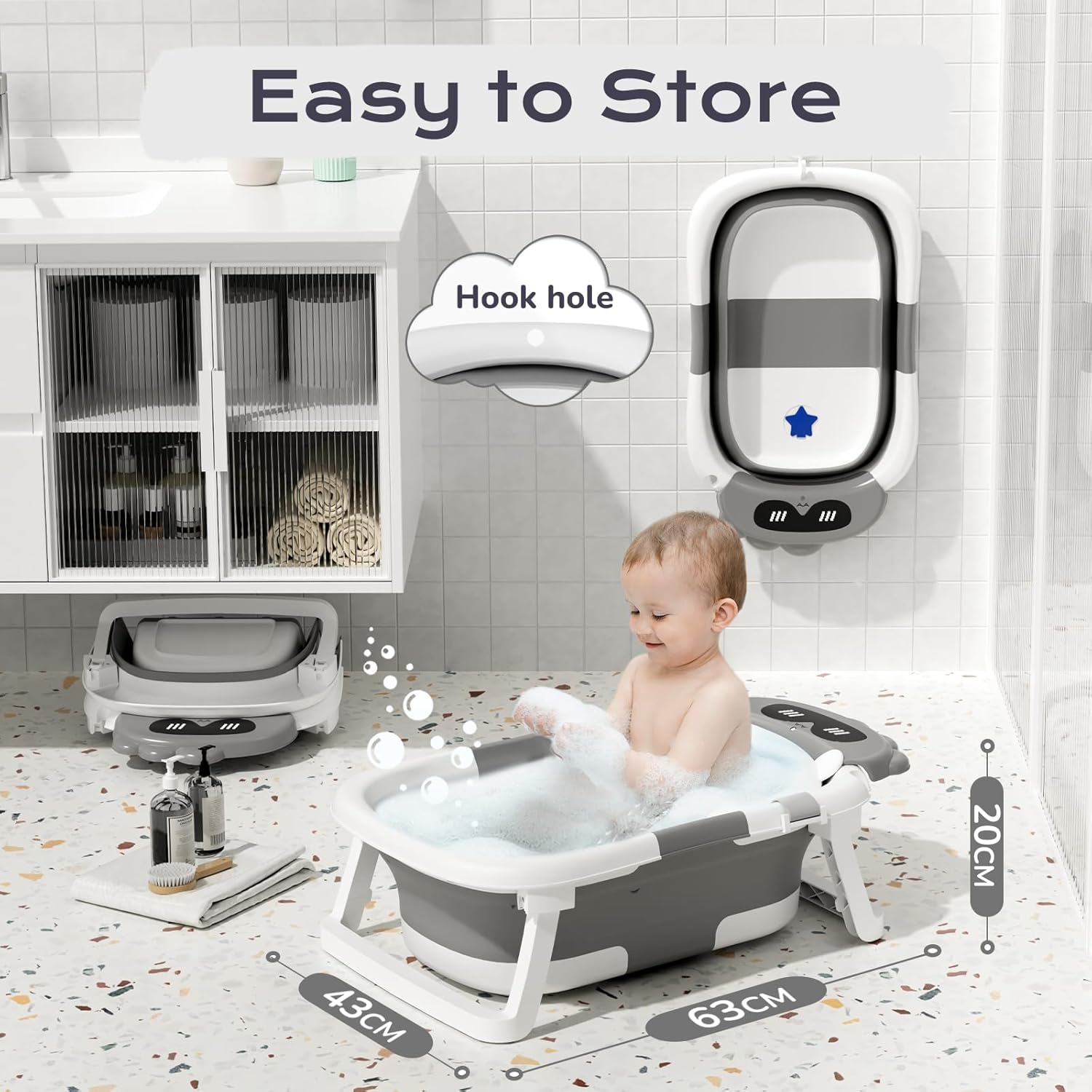 COOSEYA Foldable Baby Bath Tub Essentials for Newborn, Collapsible Baby Bathtub with Seat Support Cushion