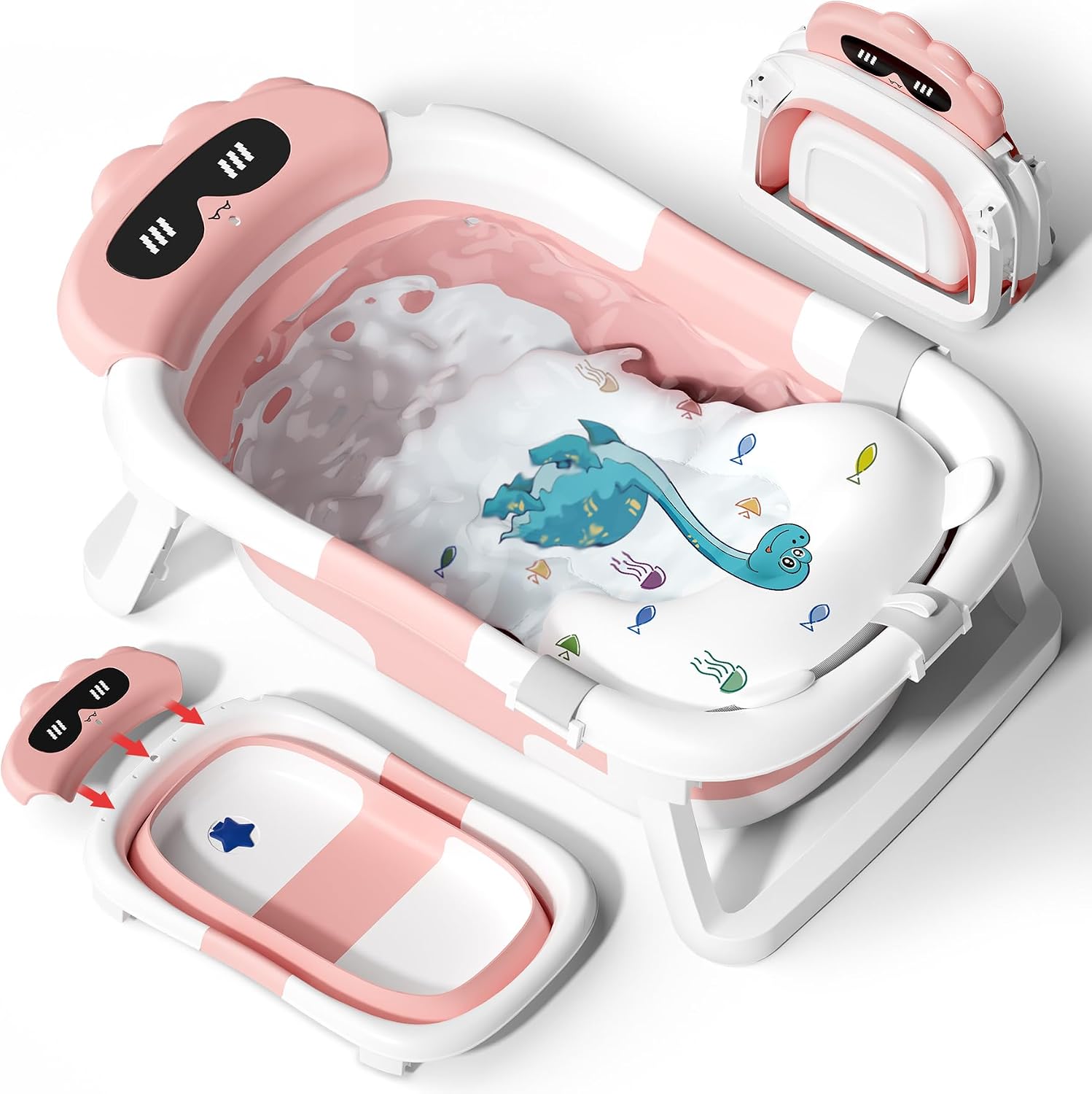 COOSEYA Foldable Baby Bath Tub Essentials for Newborn, Collapsible Baby Bathtub with Seat Support Cushion