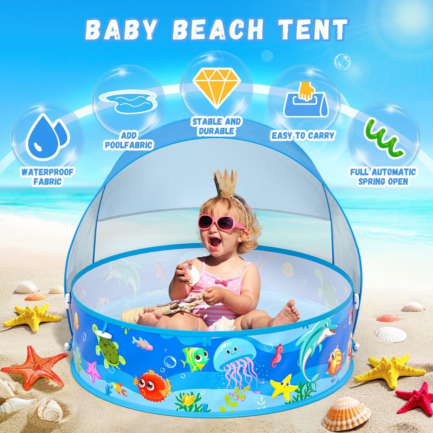 Baby Pool with Canopy Foldable Kiddie Pool with Sun Shade Pools for Toddlers Baby Beach Essentials Pop Up Tent Swimming Wading Pools Portable Summer Water Play for Indoor Outdoor Beach Backyards