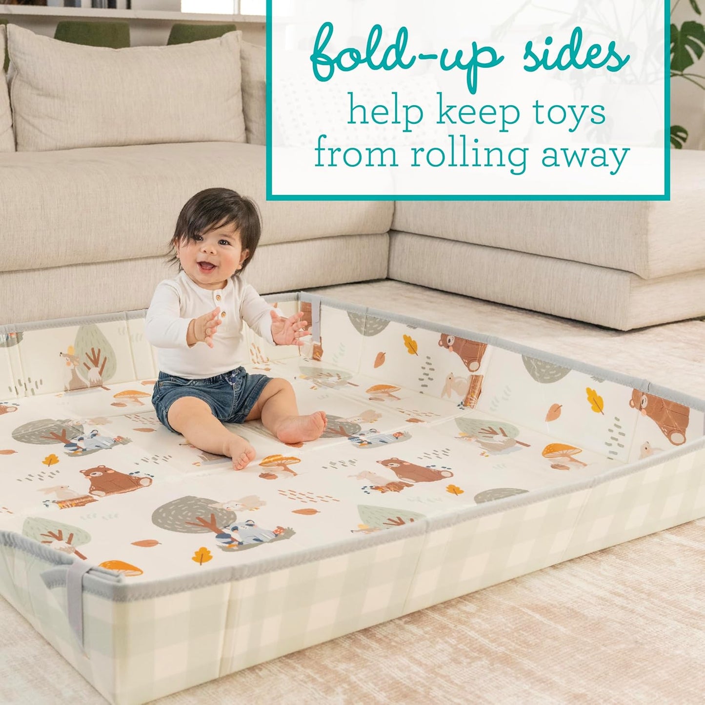 Infantino Foldable Soft Foam Mat, Baby Play Mat, Extra Large, Double-Sided Cushioned Portable, Fold-Up Sides, Non Slip Crawling for Infants & Toddlers, Woodland