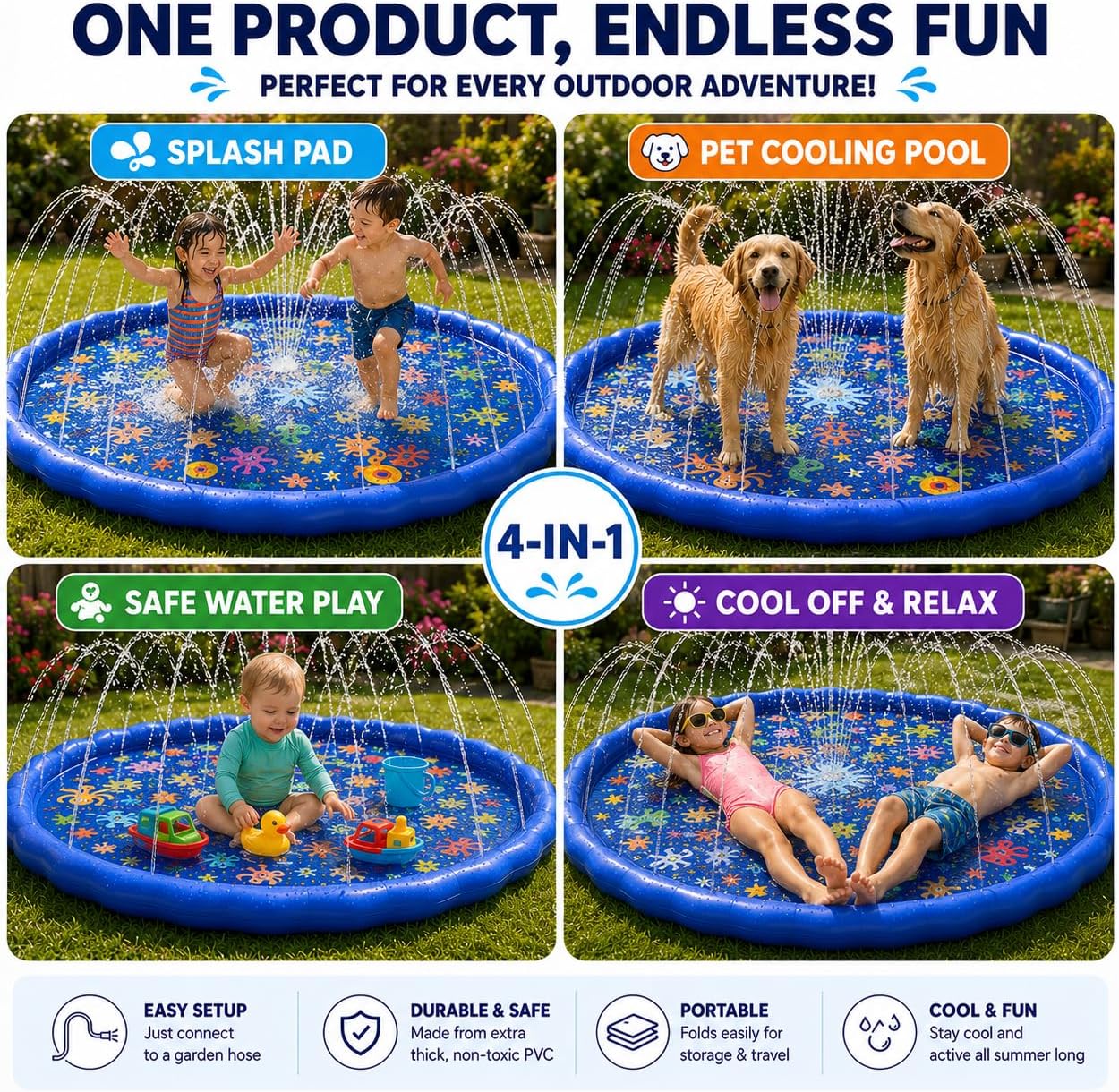 KiddoSpace Splash Pad for Kids – Non-Slip Outdoor Water Play Mat with Learning Designs, Fun Backyard Summer Activity for Toddlers and Children, Includes Repair Kit, BPA-Free