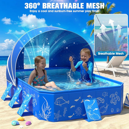 2026 Foldable Kiddie Pool with Canopy,Baby Swimming Pool for Toddler,Non-Inflatable Toddler Pool,Foldable Kiddie Pool with Shade,Kid Pool for Backyard,Pop up Kiddie Beach Pool 53''*40''*33''