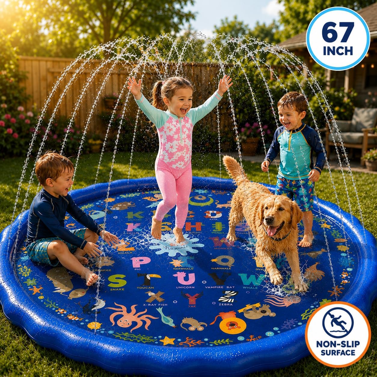 KiddoSpace Splash Pad for Kids – Non-Slip Outdoor Water Play Mat with Learning Designs, Fun Backyard Summer Activity for Toddlers and Children, Includes Repair Kit, BPA-Free