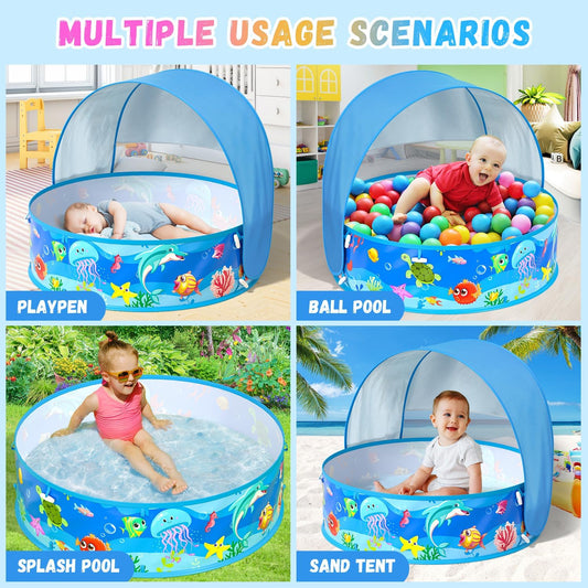 Baby Pool with Canopy Foldable Kiddie Pool with Sun Shade Pools for Toddlers Baby Beach Essentials Pop Up Tent Swimming Wading Pools Portable Summer Water Play for Indoor Outdoor Beach Backyards