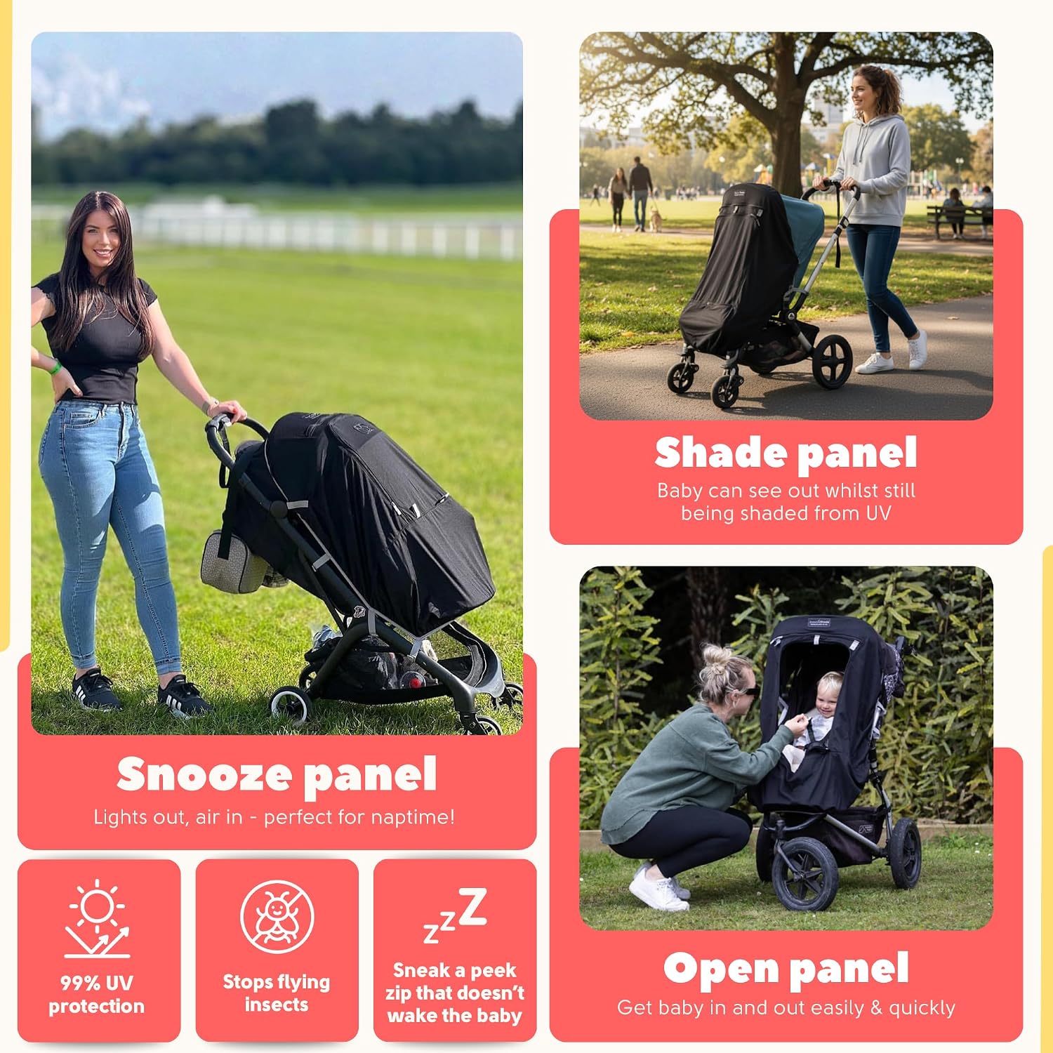 SnoozeShade Plus Extra Pram and Stroller Sun Shade Cover Blocks 99% UV UPF50