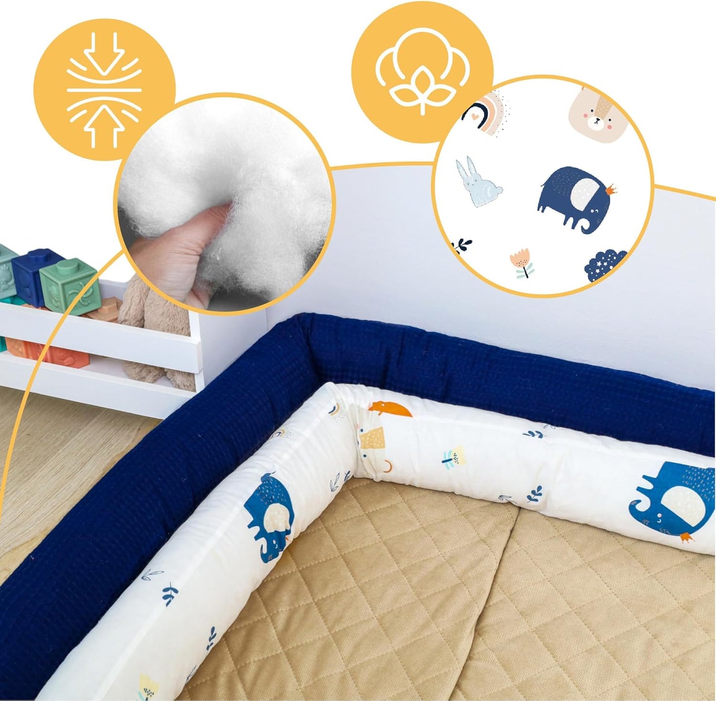 Totsy Baby XXL bed snake, bed pillow, nursing pillow, bed roll, bed guard, decorative pillow, bed border, snake XL handmade Navy blue with rainbow 300 cm certificat Oeko-Tex