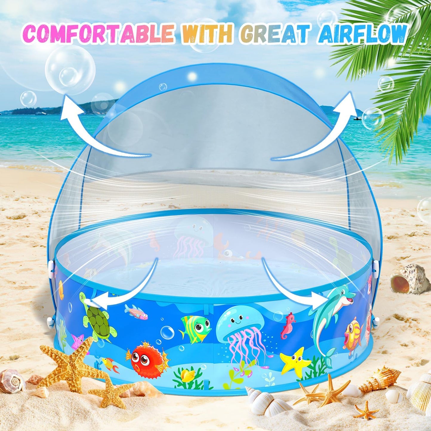Baby Pool with Canopy Foldable Kiddie Pool with Sun Shade Pools for Toddlers Baby Beach Essentials Pop Up Tent Swimming Wading Pools Portable Summer Water Play for Indoor Outdoor Beach Backyards