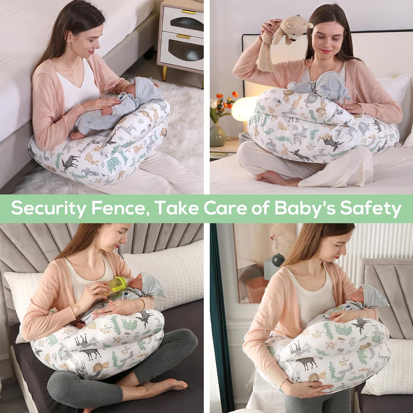 Labtec Nursing Pillow for Breastfeeding Baby, Multifunctional Breast Feeding Pillow with Adjustable Waist Strap and Safety Fence, 100% Cotton Removable Pillowcase, Animal Pattern