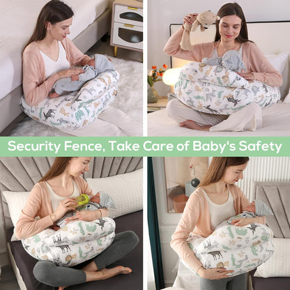 Labtec Nursing Pillow for Breastfeeding Baby, Multifunctional Breast Feeding Pillow with Adjustable Waist Strap and Safety Fence, 100% Cotton Removable Pillowcase, Animal Pattern