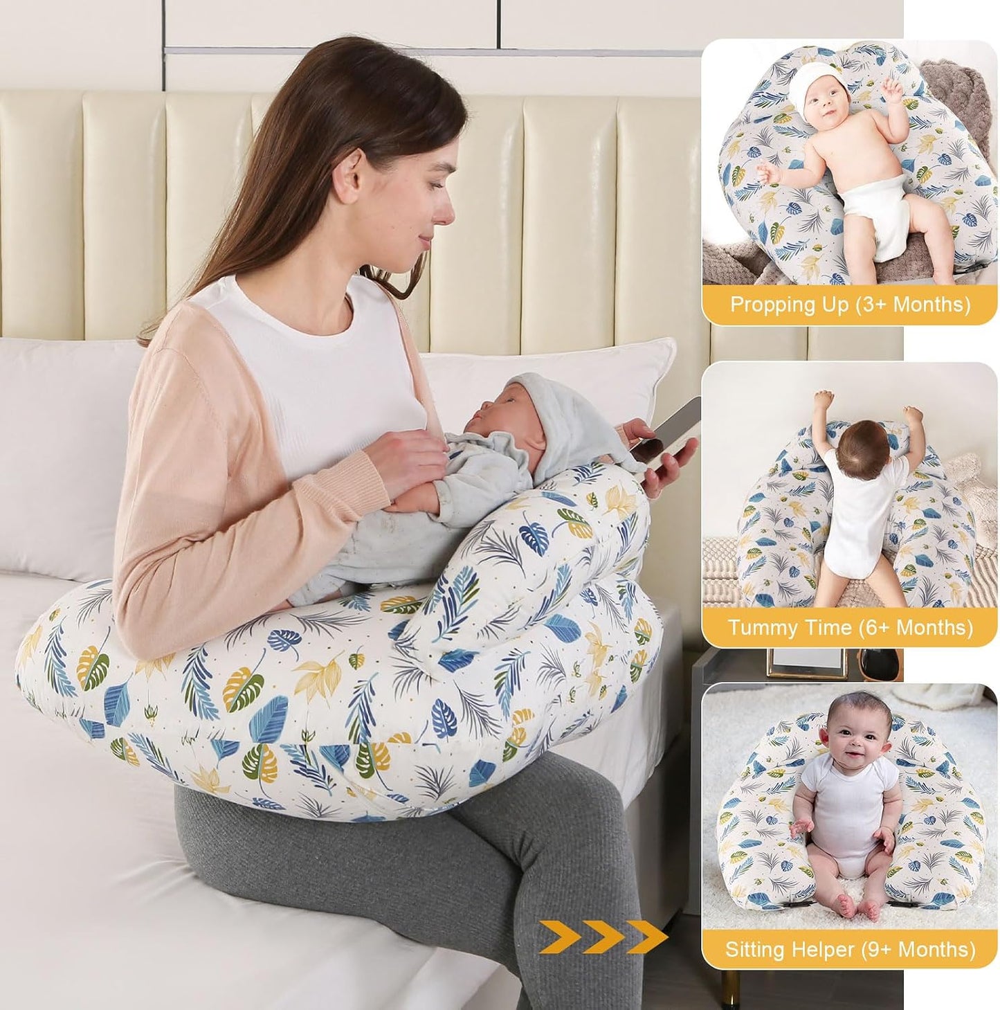 Labtec Nursing Pillow for Breastfeeding Baby, Multifunctional Breast Feeding Pillow with Adjustable Waist Strap and Safety Fence, 100% Cotton Removable Pillowcase, Leaf Pattern