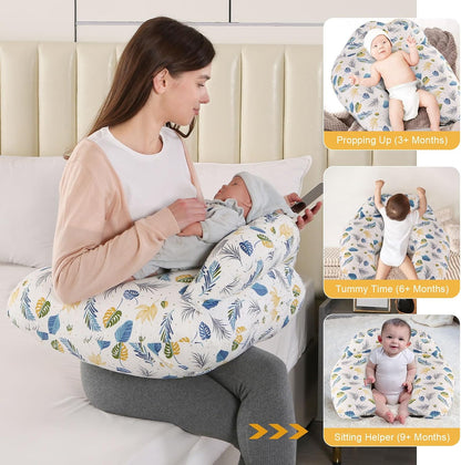 Labtec Nursing Pillow for Breastfeeding Baby, Multifunctional Breast Feeding Pillow with Adjustable Waist Strap and Safety Fence, 100% Cotton Removable Pillowcase, Leaf Pattern