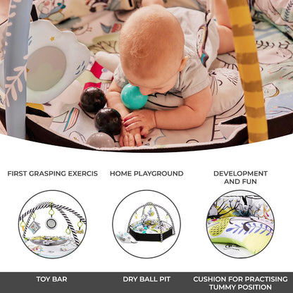 Kinderkraft Baby Playmat SMARTPLAY, Educational Mat, Activity Play Gym, with Ajustable Fitness Frame, Playpen Function, Accessories, Hanging Rattle, 5 Toys, 30 Balls, for Newborn, Suitable from Birth