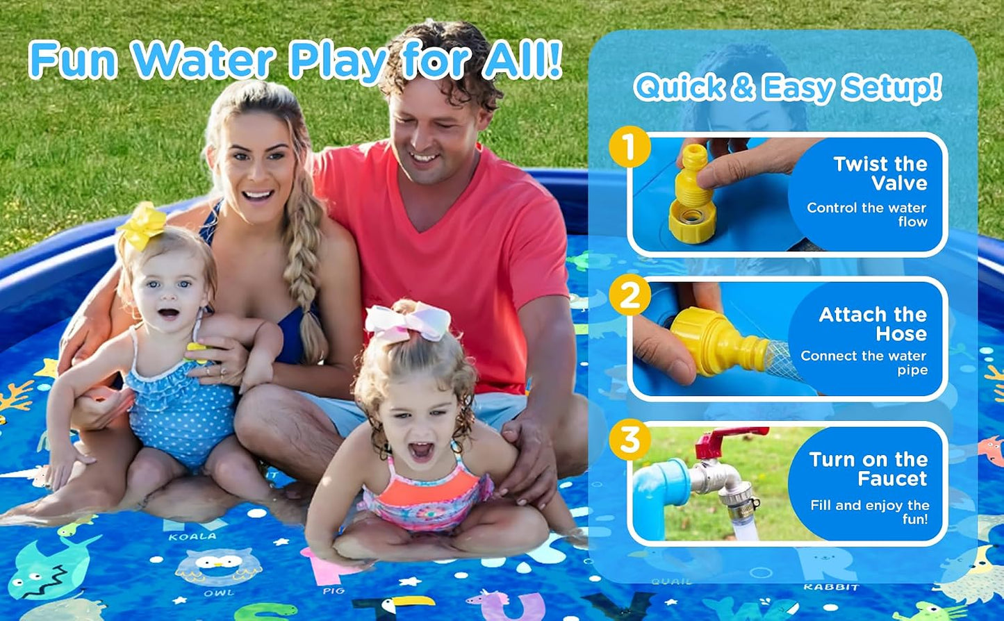 KiddoSpace Splash Pad for Kids – Non-Slip Outdoor Water Play Mat with Learning Designs