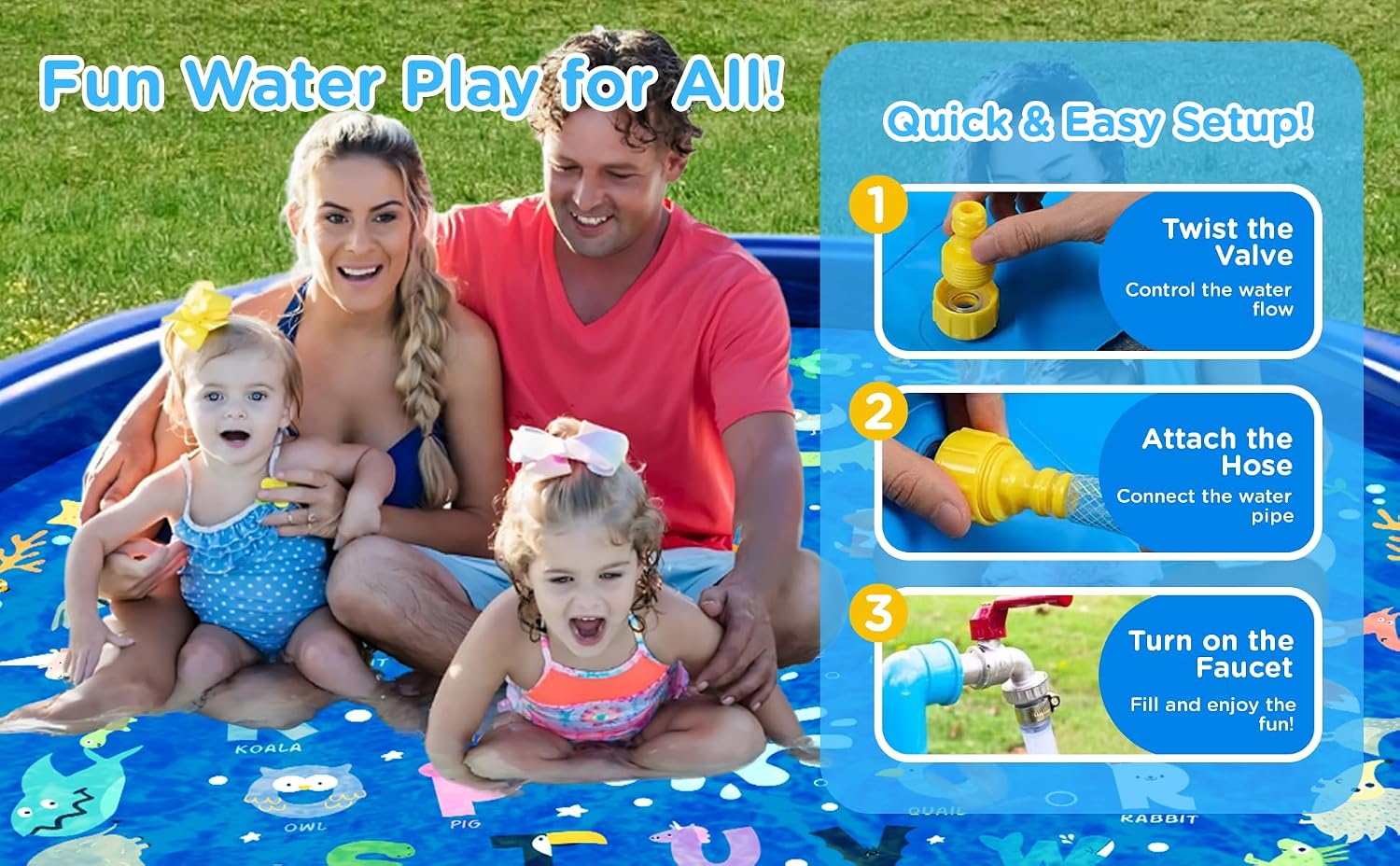 KiddoSpace Splash Pad for Kids – Non-Slip Outdoor Water Play Mat with Learning Designs, Fun Backyard Summer Activity for Toddlers and Children, Includes Repair Kit, BPA-Free