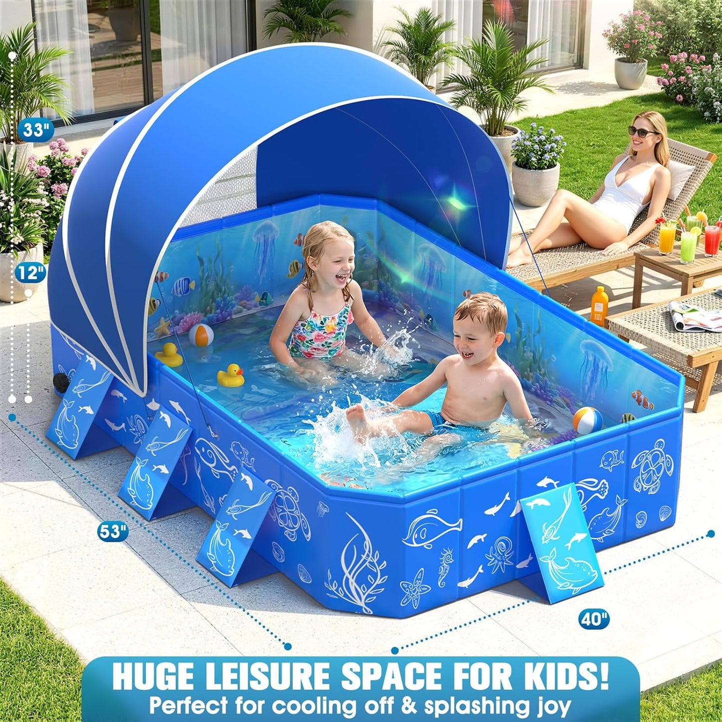 2026 Foldable Kiddie Pool with Canopy,Baby Swimming Pool for Toddler,Non-Inflatable Toddler Pool,Foldable Kiddie Pool with Shade,Kid Pool for Backyard,Pop up Kiddie Beach Pool 53''*40''*33''
