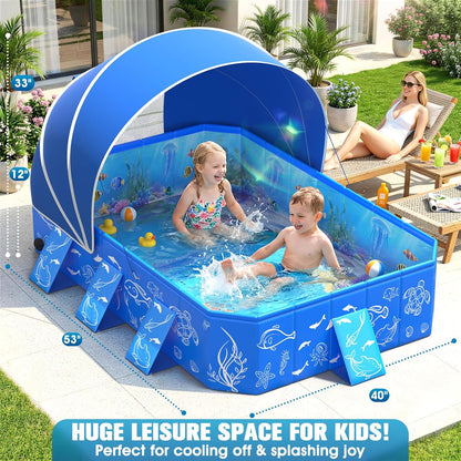 2026 Foldable Kiddie Pool with Canopy,Baby Swimming Pool for Toddler,Non-Inflatable Toddler Pool,Foldable Kiddie Pool with Shade,Kid Pool for Backyard,Pop up Kiddie Beach Pool 53''*40''*33''