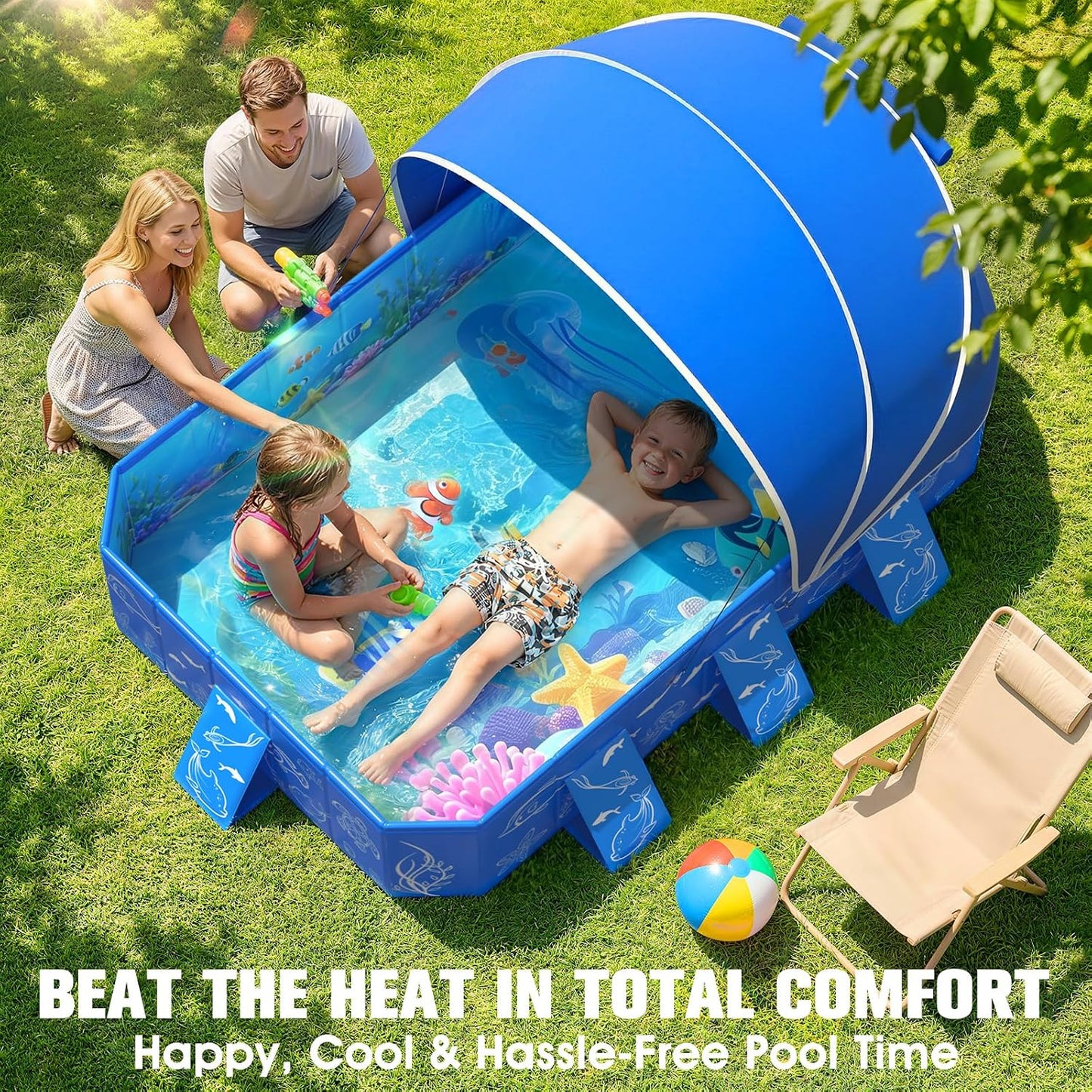2026 Foldable Kiddie Pool with Canopy,Baby Swimming Pool for Toddler,Non-Inflatable Toddler Pool,Foldable Kiddie Pool with Shade,Kid Pool for Backyard,Pop up Kiddie Beach Pool 53''*40''*33''