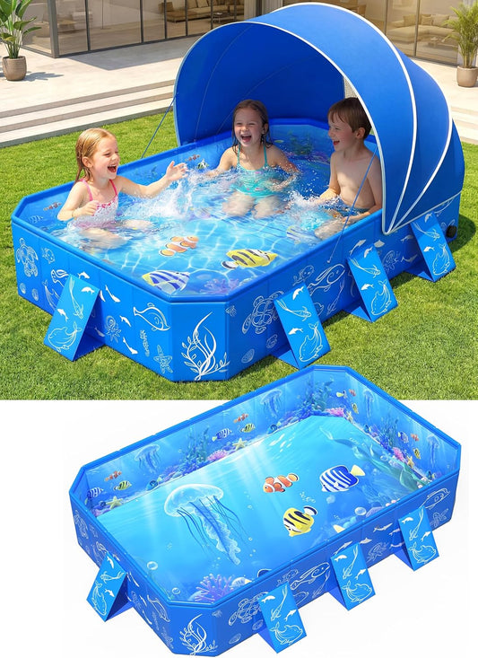 2026 Foldable Kiddie Pool with Canopy,Baby Swimming Pool for Toddler,Non-Inflatable Toddler Pool,Foldable Kiddie Pool with Shade,Kid Pool for Backyard,Pop up Kiddie Beach Pool 53''*40''*33''