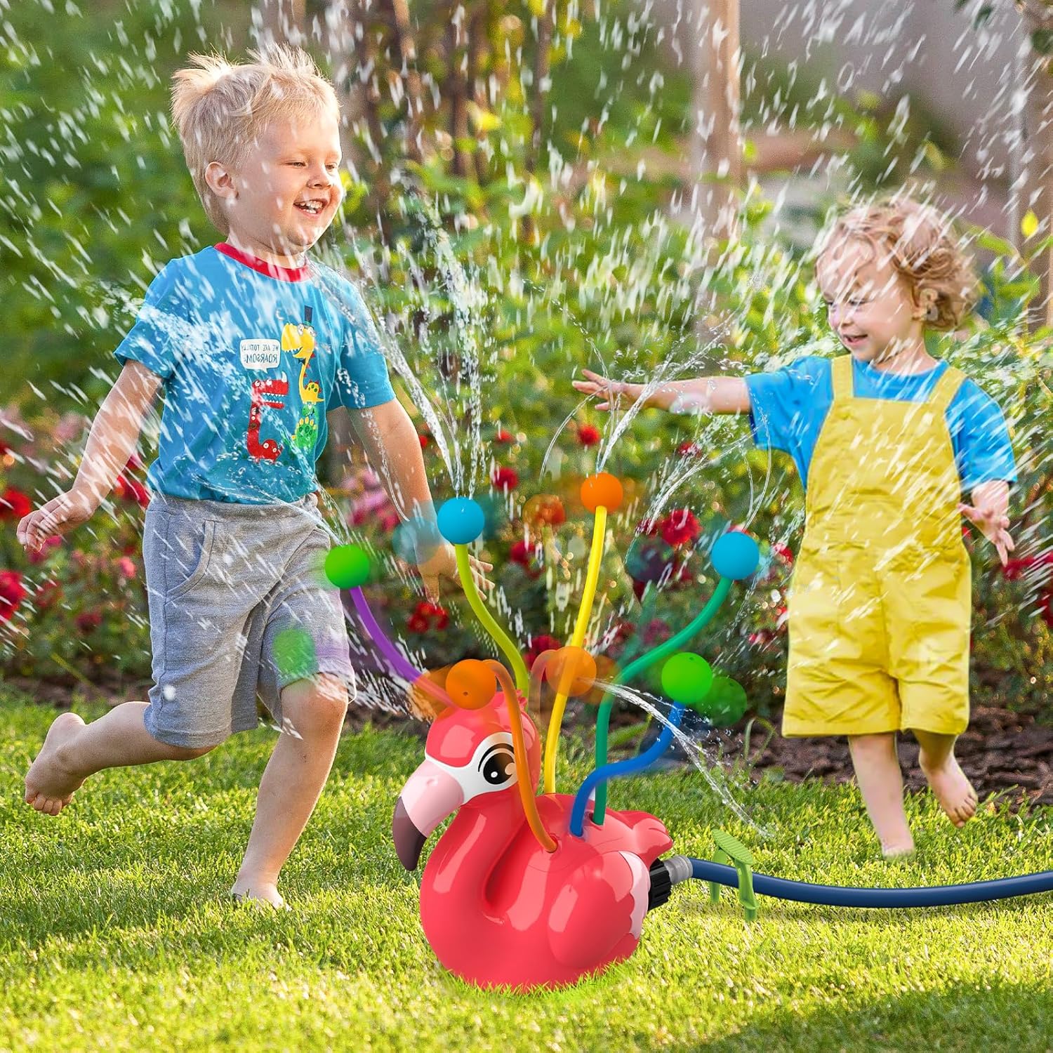 2-in-1 Water Sprinkler Toys for Kids, Outdoor Spinning Sprinkler Toy with Wiggle Water Tubes, Attaches to Garden Hose, Backyard Lawn Summer Water Toys for Toddlers Boys Girls Ages 3-8, Blue (Flamingo)