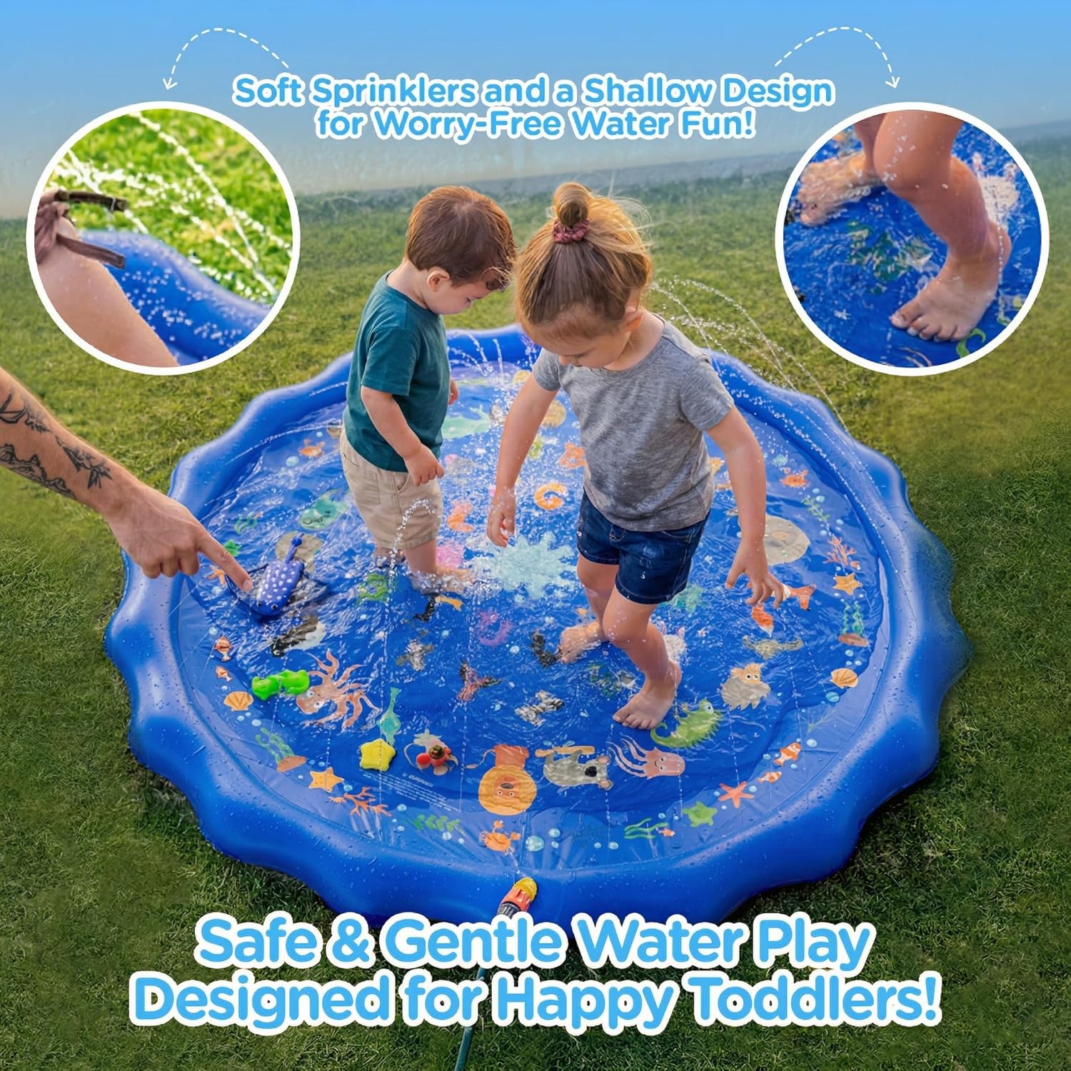 KiddoSpace Splash Pad for Kids – Non-Slip Outdoor Water Play Mat with Learning Designs, Fun Backyard Summer Activity for Toddlers and Children, Includes Repair Kit, BPA-Free