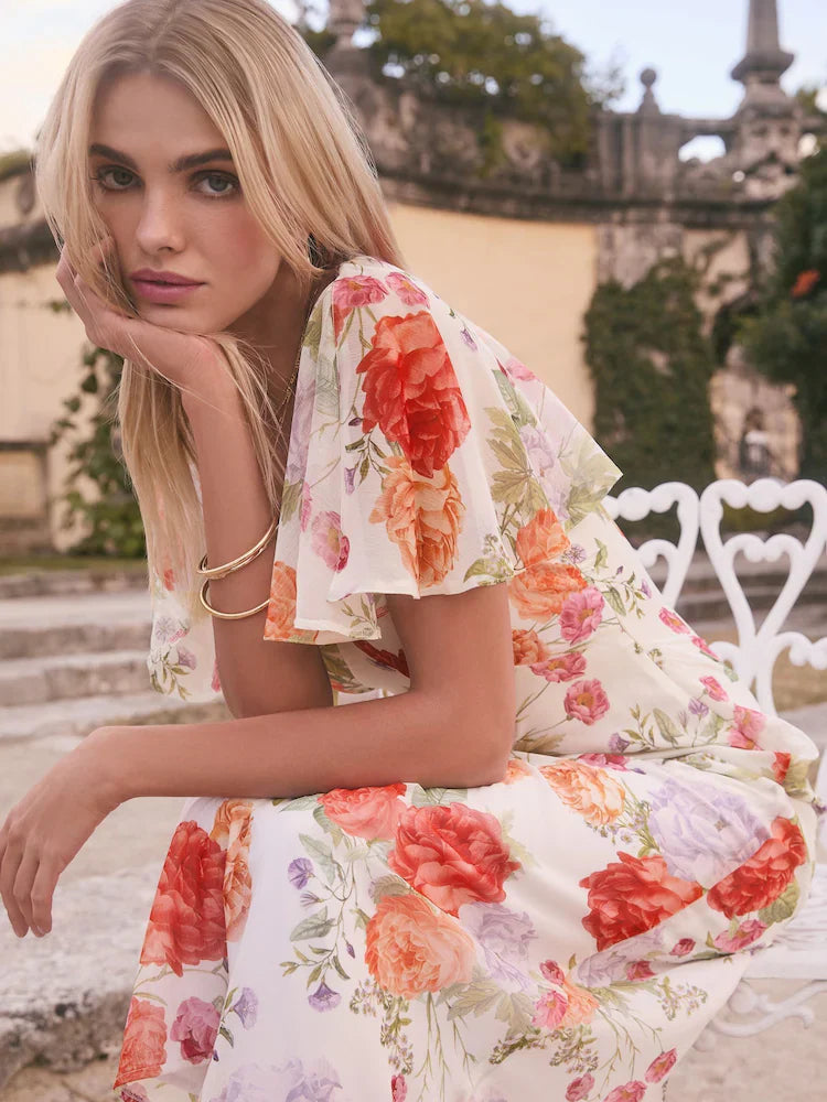 Lipsy White Floral Printed Chiffon Flutter Sleeve Woven Midi Dress