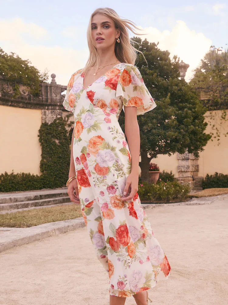 Lipsy White Floral Printed Chiffon Flutter Sleeve Woven Midi Dress