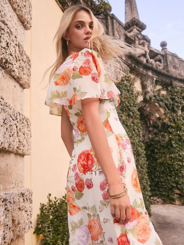Lipsy White Floral Printed Chiffon Flutter Sleeve Woven Midi Dress