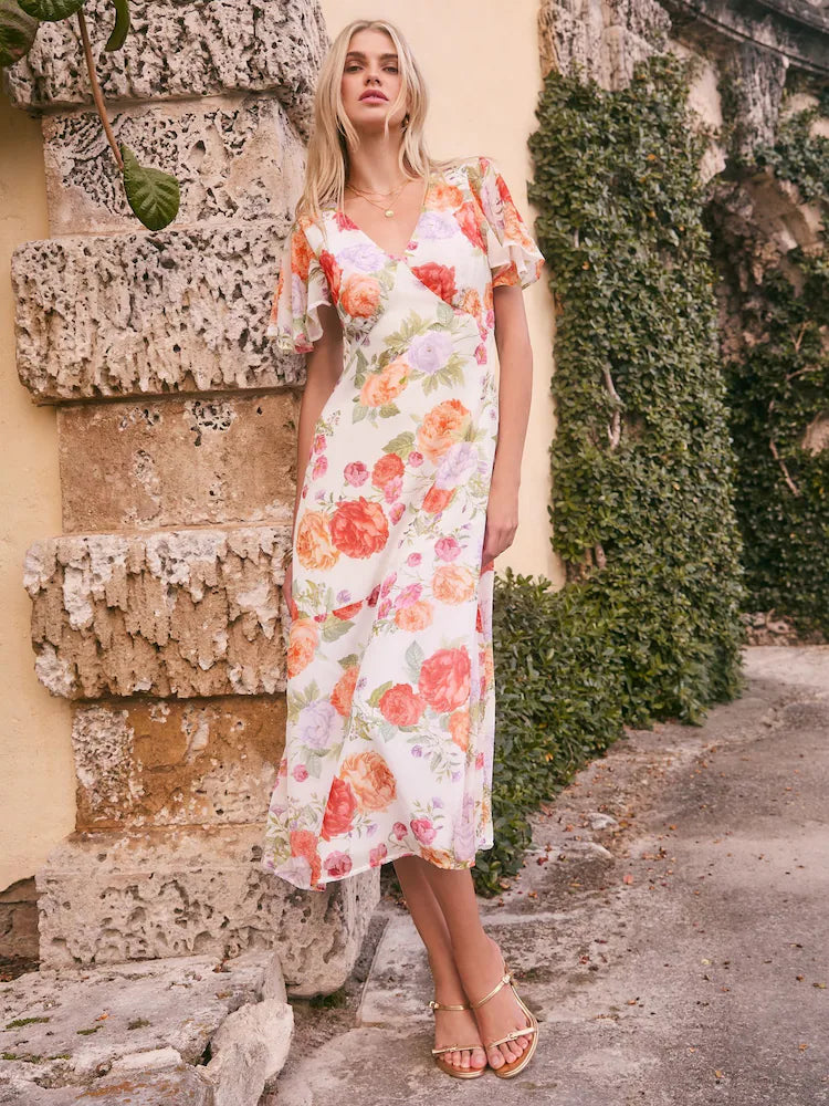 Lipsy White Floral Printed Chiffon Flutter Sleeve Woven Midi Dress