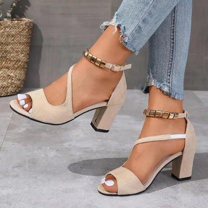 Camille - Elegant Open Toe Ankle Strap Block Heel Sandals for Comfort