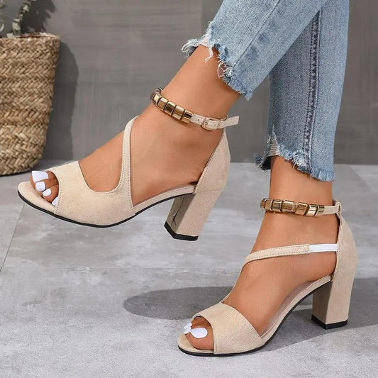 Camille - Elegant Open Toe Ankle Strap Block Heel Sandals for Comfort