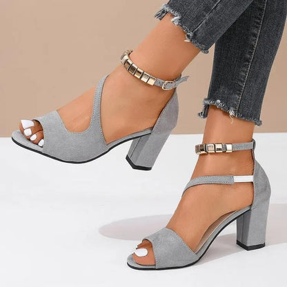 Camille - Elegant Open Toe Ankle Strap Block Heel Sandals for Comfort