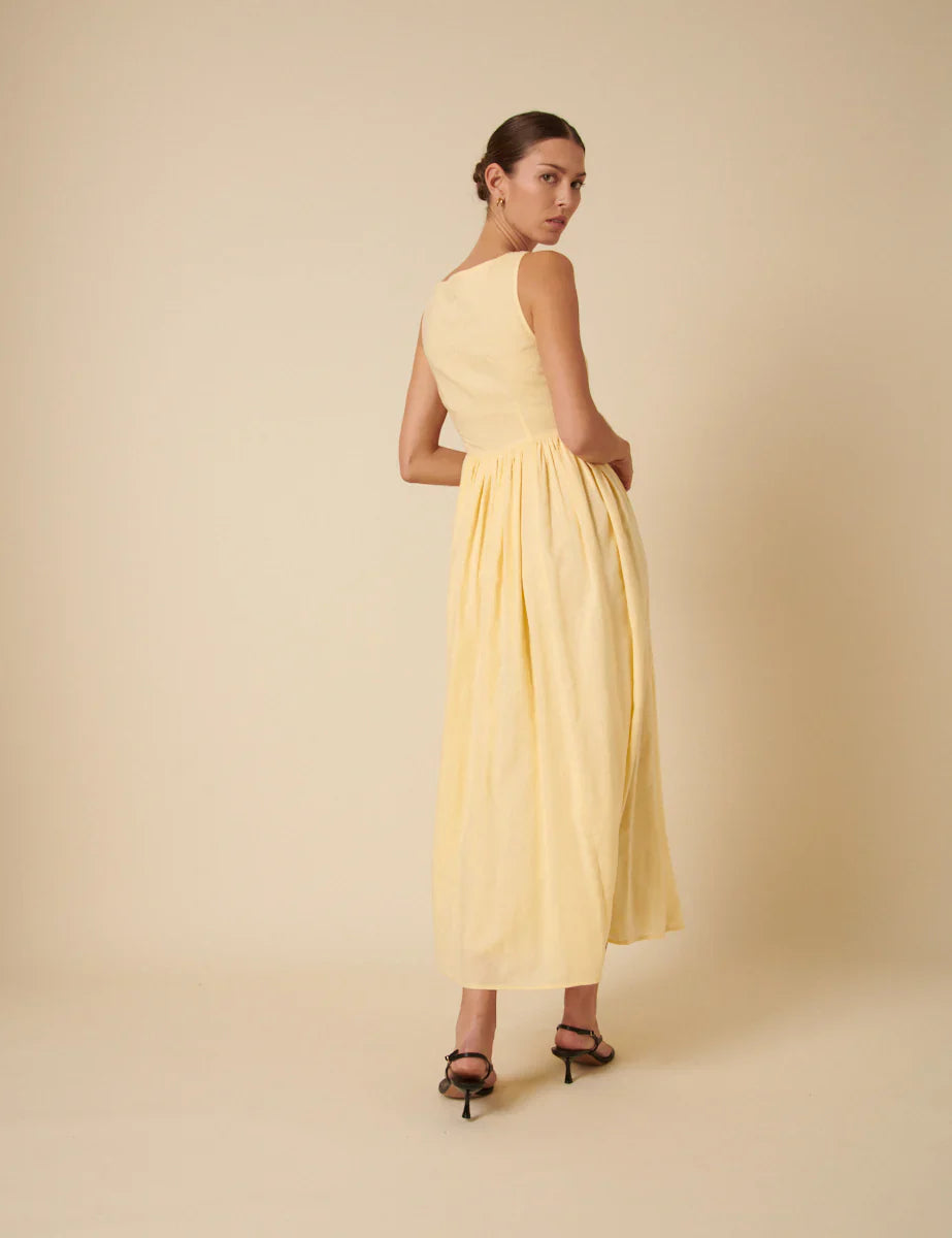Butter Yellow Linen-blend Cora Midi Dress