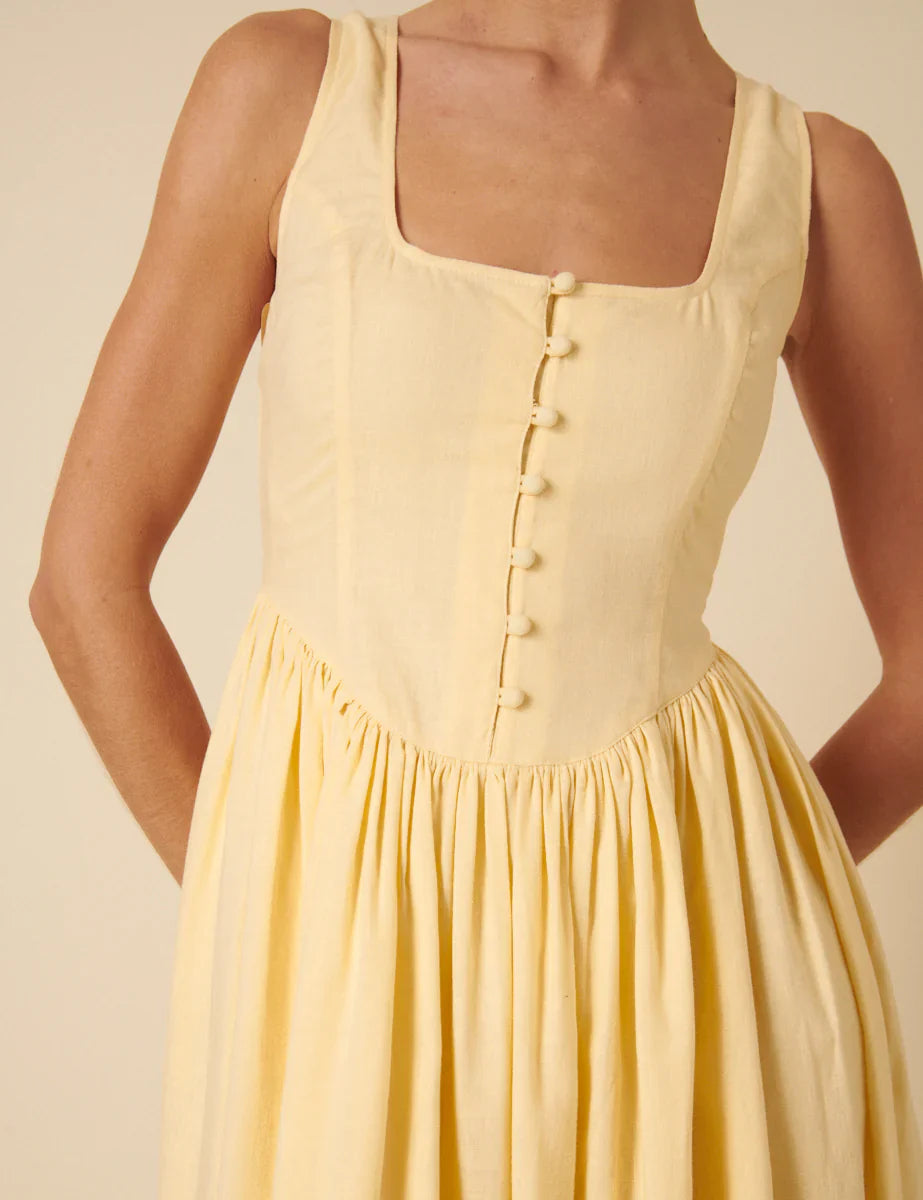 Butter Yellow Linen-blend Cora Midi Dress