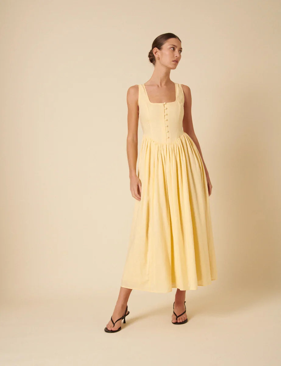 Butter Yellow Linen-blend Cora Midi Dress