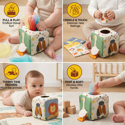 Montessori Baby Sensory Tissue Box – Soft Crinkle & Touch Activity Toy