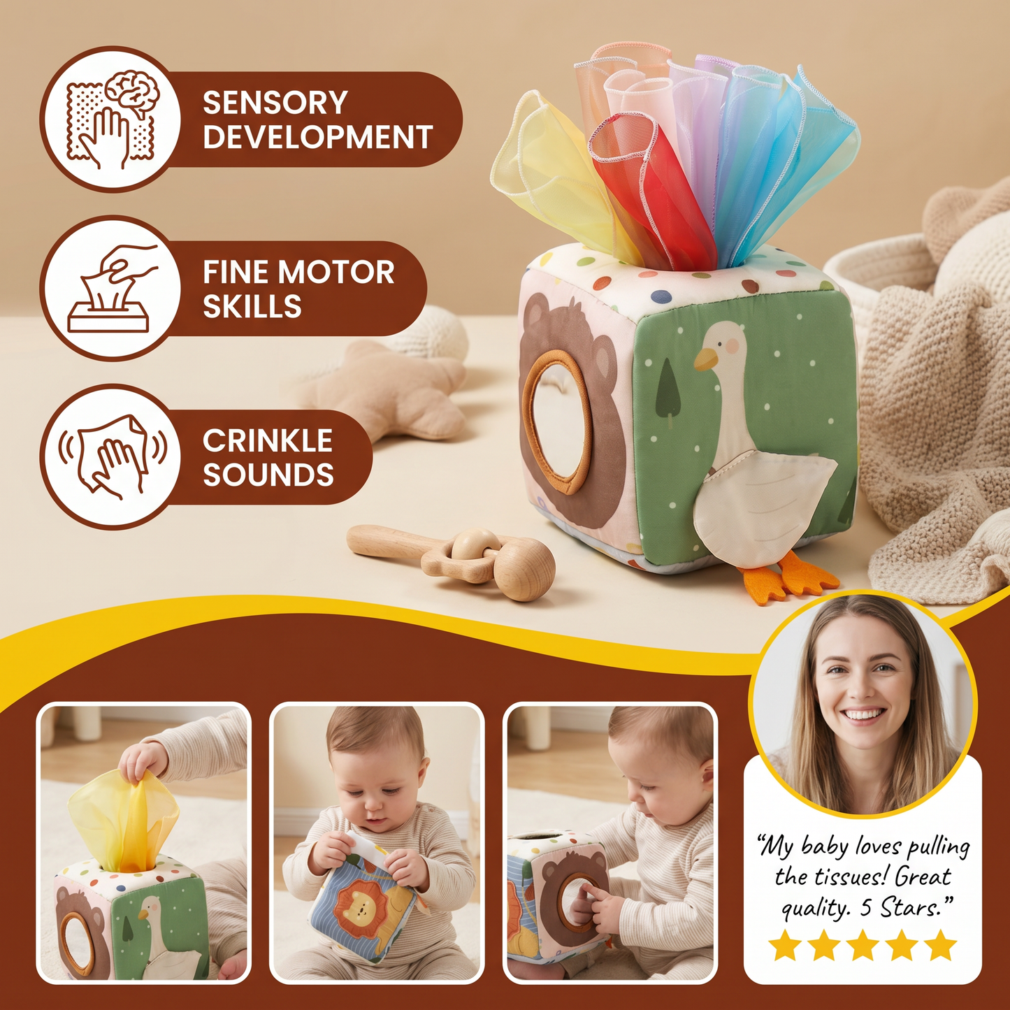 Montessori Baby Sensory Tissue Box – Soft Crinkle & Touch Activity Toy