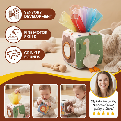 Montessori Baby Sensory Tissue Box – Soft Crinkle & Touch Activity Toy