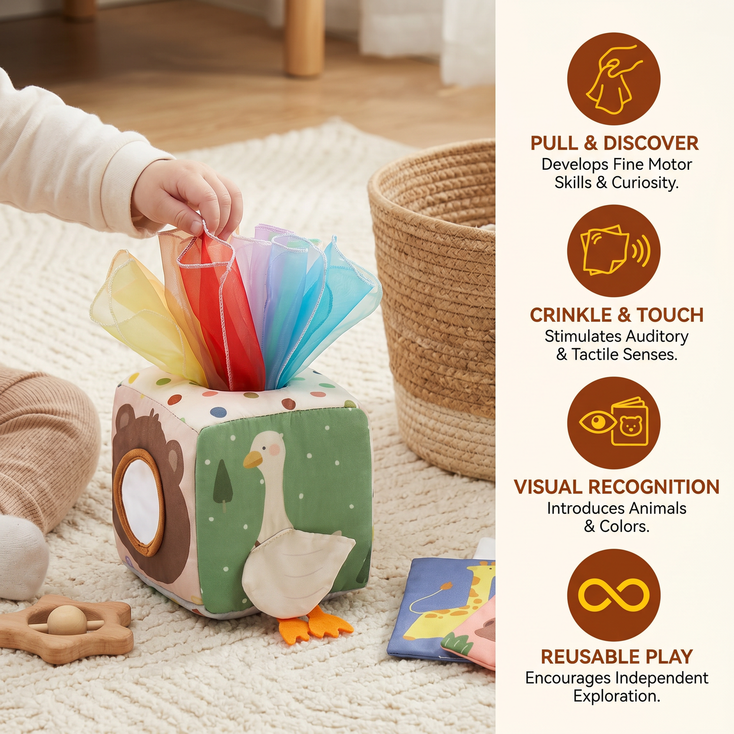 Montessori Baby Sensory Tissue Box – Soft Crinkle & Touch Activity Toy