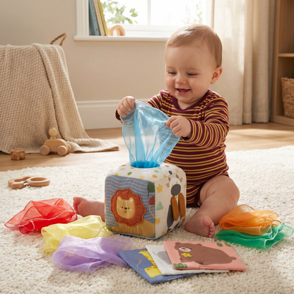 Montessori Baby Sensory Tissue Box – Soft Crinkle & Touch Activity Toy