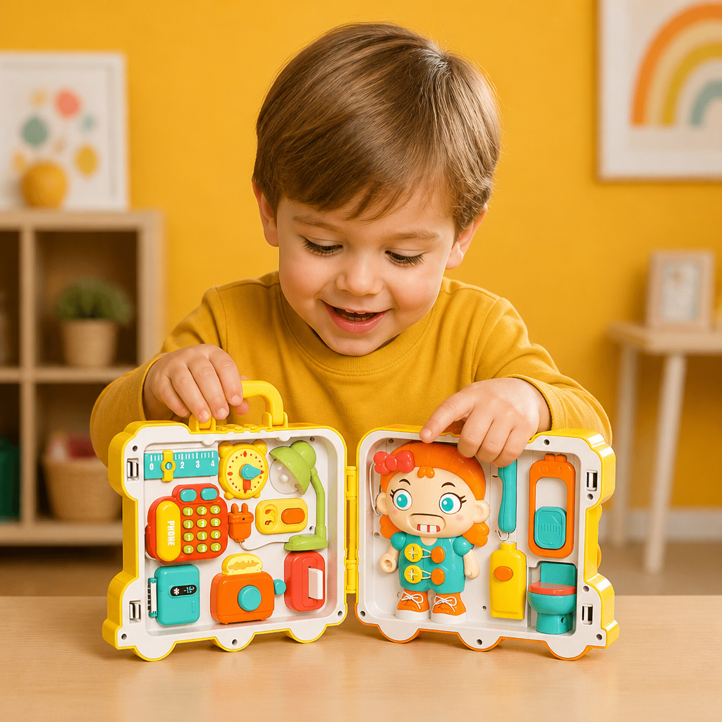Kids Bus Busy Board Toy with Activities and Doll