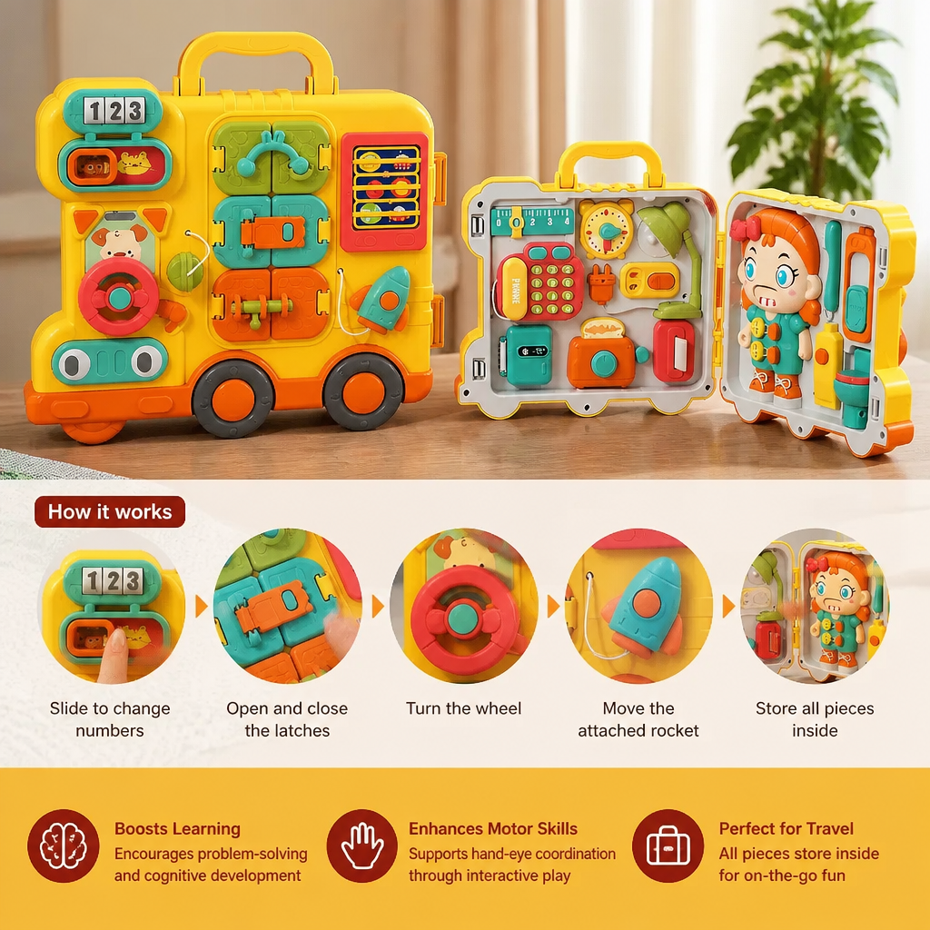 Kids Bus Busy Board Toy with Activities and Doll