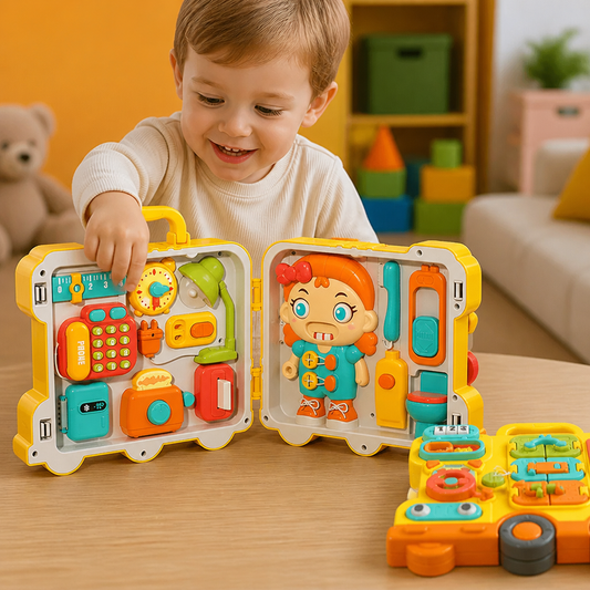 Kids Bus Busy Board Toy with Activities and Doll