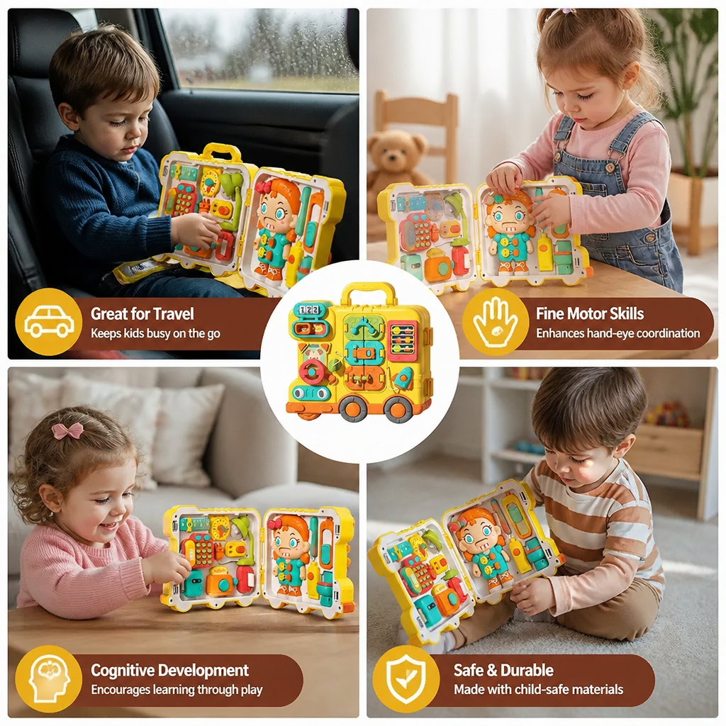 Kids Bus Busy Board Toy with Activities and Doll