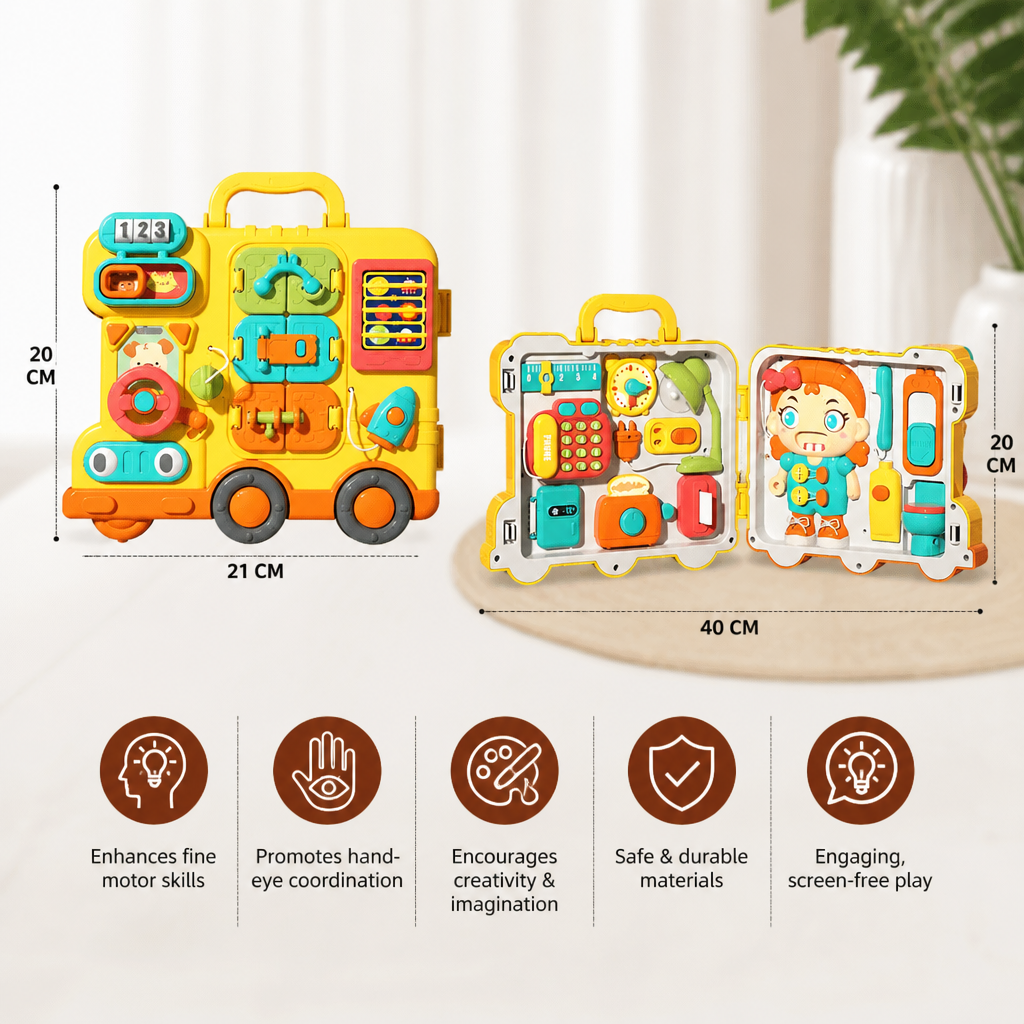 Kids Bus Busy Board Toy with Activities and Doll